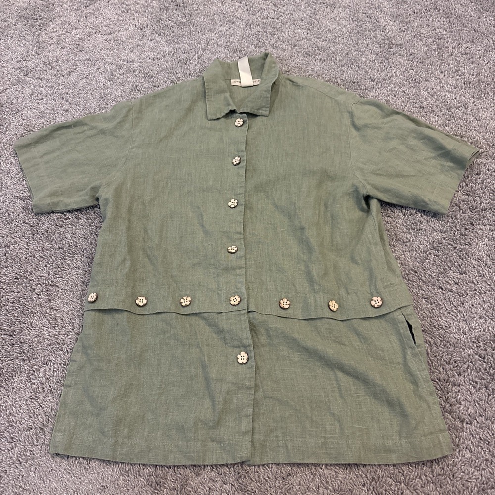 Sweet Jessie Medium 100% Linen Button Down Shirt Chambray Green Beach Boho Flax